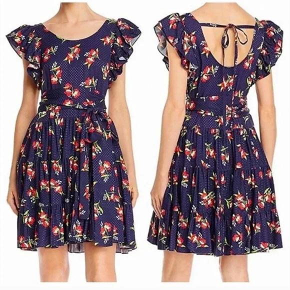 Jill Stuart Dress Jacquard Flutter Sleeve Mini Floral Navy Blue Red Size Medium - Picture 1 of 12